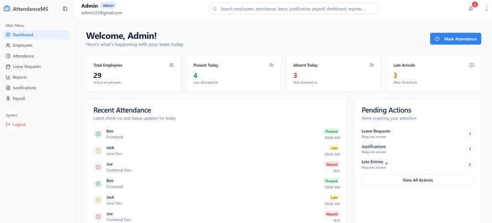 Attendance Management System — admin dashboard overview