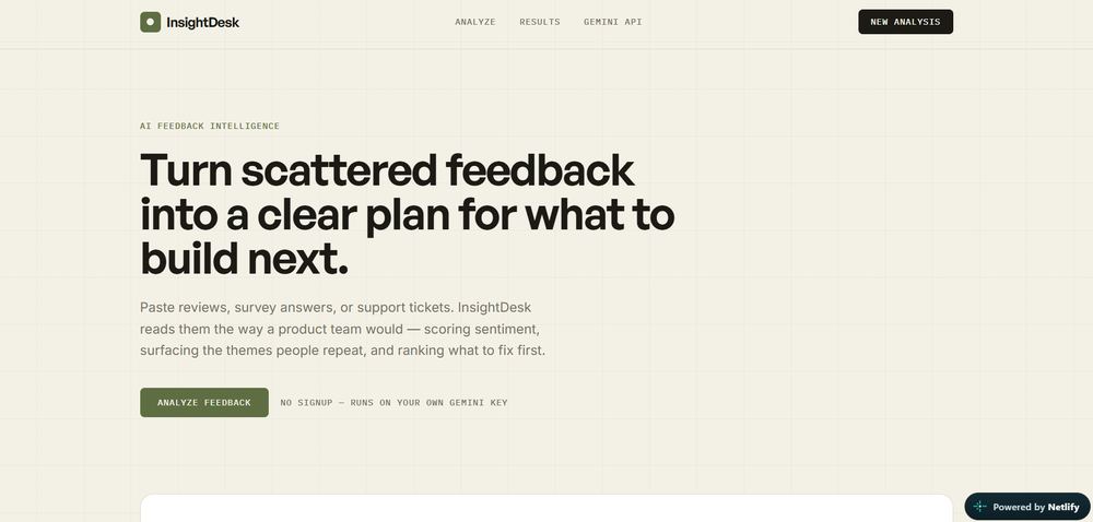 InsightDesk landing page — AI feedback intelligence dashboard